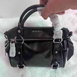 New miumiu black silver bow motorcycle bag, girlie heart handbag, tote bag